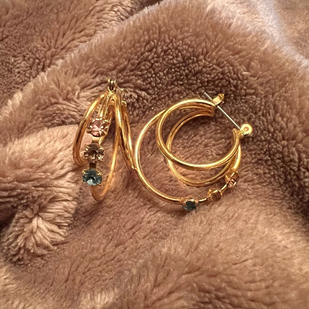 VINTAGE Classic Triple Hoop Gold Earrings with Colourful Crystals